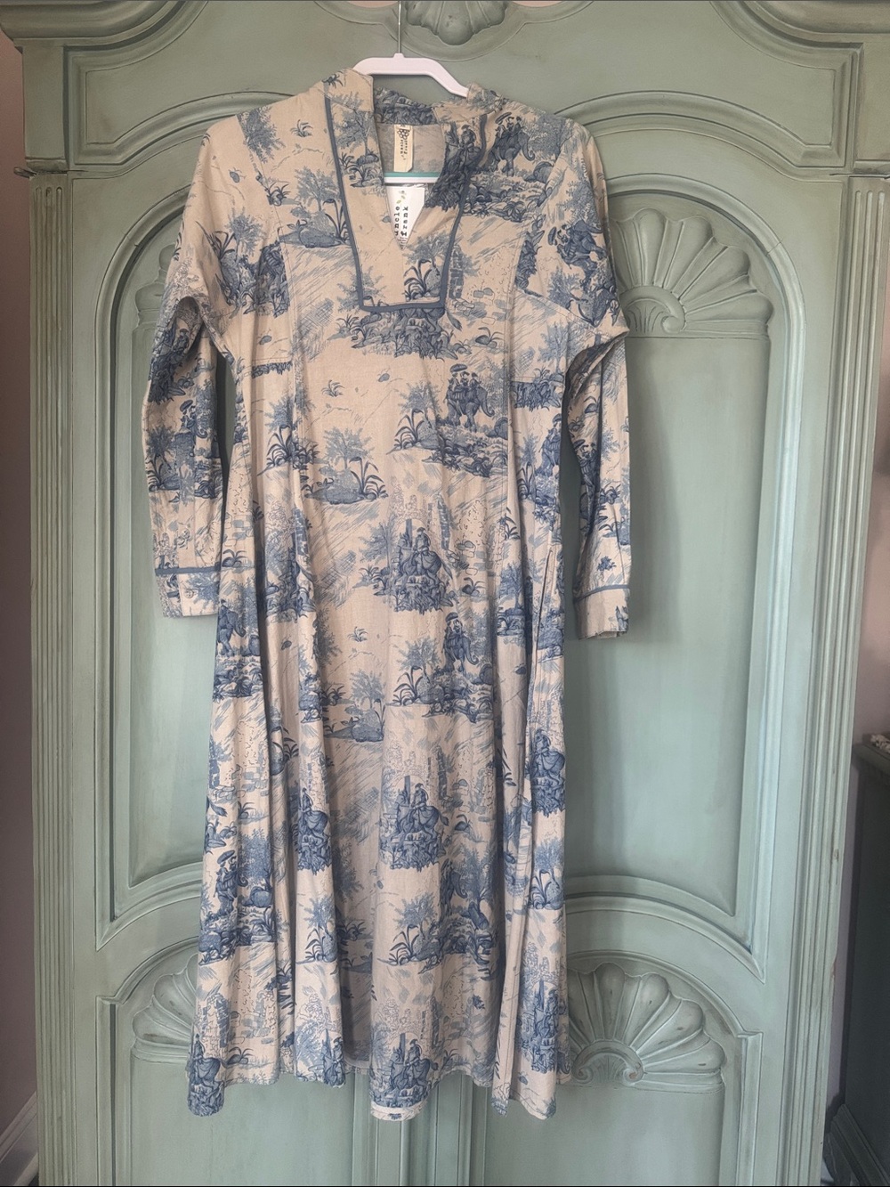 Uncle Frank Beige and Blue Toile Midi Dress